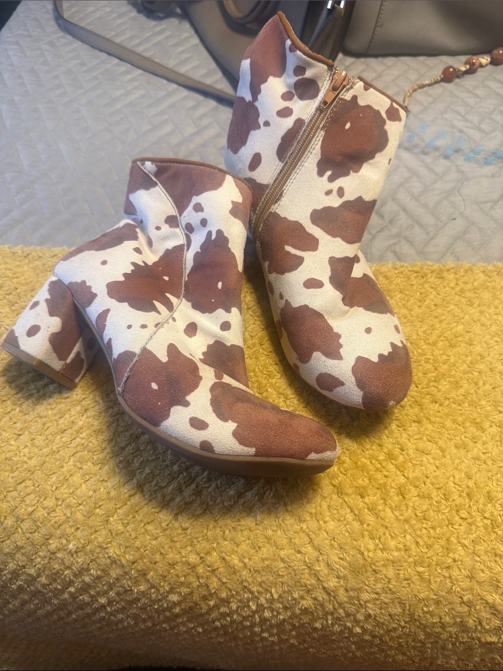 Buckle Brown and White Cow-Print Ankle Boots